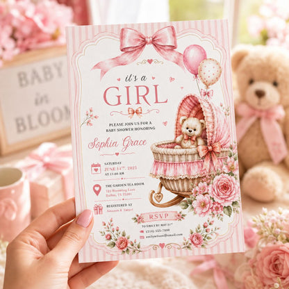 Editable Pink Bow Baby Shower Invitation Canva Template, Blush Modern Luxury Bow Cute Fun DIY Chic Party Invite, Printable Digital Download.
