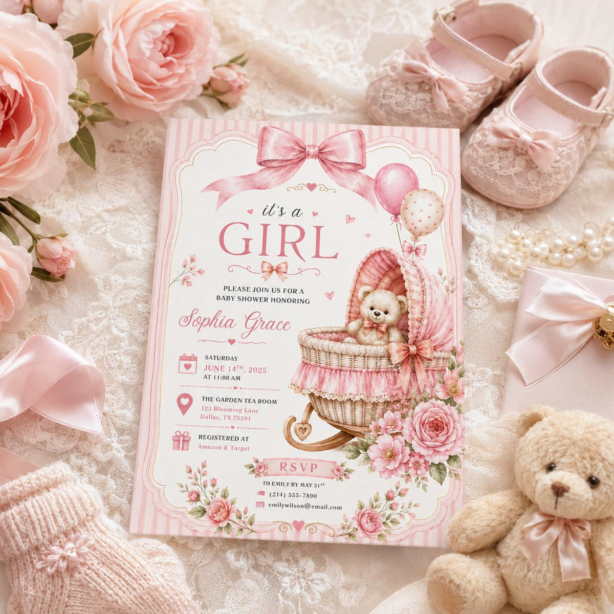 Editable Pink Bow Baby Shower Invitation Canva Template, Blush Modern Luxury Bow Cute Fun DIY Chic Party Invite, Printable Digital Download.
