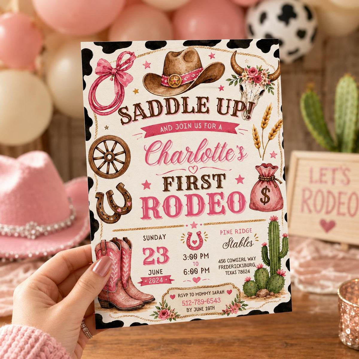 Editable Western Cowgirl Birthday Invitation Canva Template, Girls Kids Cute Modern Fun Themed DIY Party Invite, Printable Digital Download.