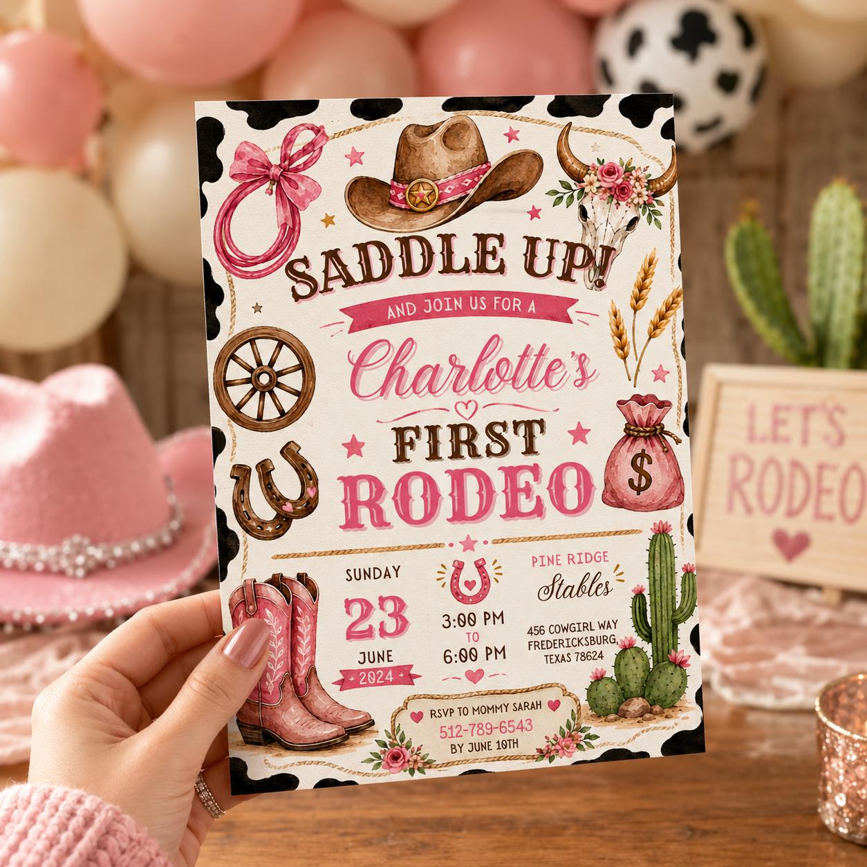 Editable Western Cowgirl Birthday Invitation Canva Template, Girls Kids Cute Modern Fun Themed DIY Party Invite, Printable Digital Download.