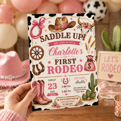 Editable Western Cowgirl Birthday Invitation Canva Template, Girls Kids Cute Modern Fun Themed DIY Party Invite, Printable Digital Download.