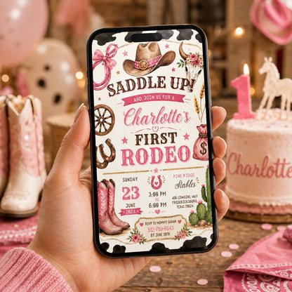 Editable Western Cowgirl Birthday Invitation Canva Template, Girls Kids Cute Modern Fun Themed DIY Party Invite, Printable Digital Download.