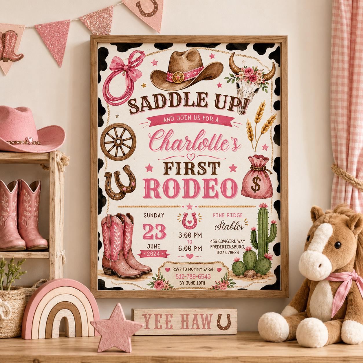 Editable Western Cowgirl Birthday Invitation Canva Template, Girls Kids Cute Modern Fun Themed DIY Party Invite, Printable Digital Download.
