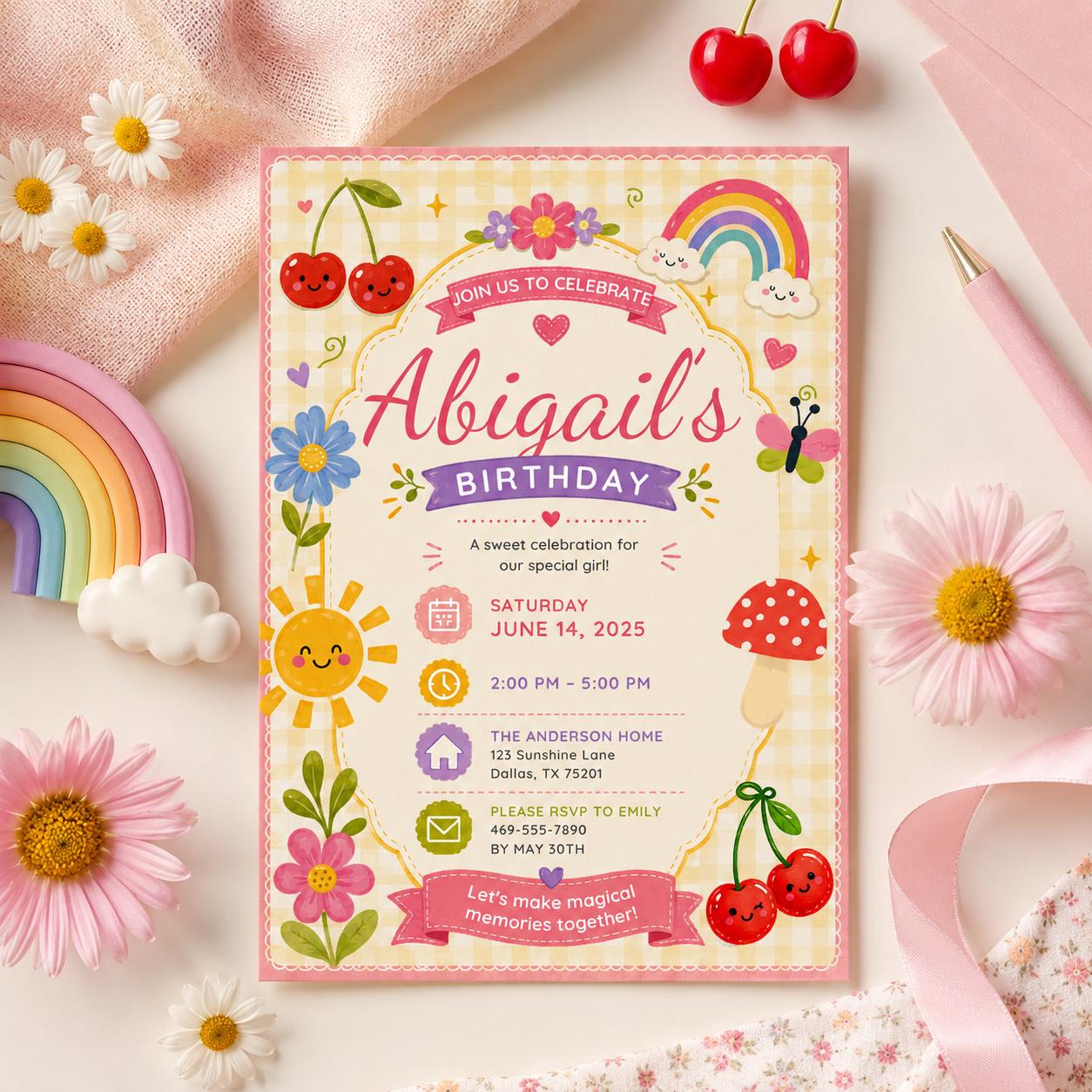 Editable Garden Birthday Invitation Canva Template, Pastel Girls Kids Cute Fun DIY Sweet Chic Teen Party Invite, Printable Digital Download.