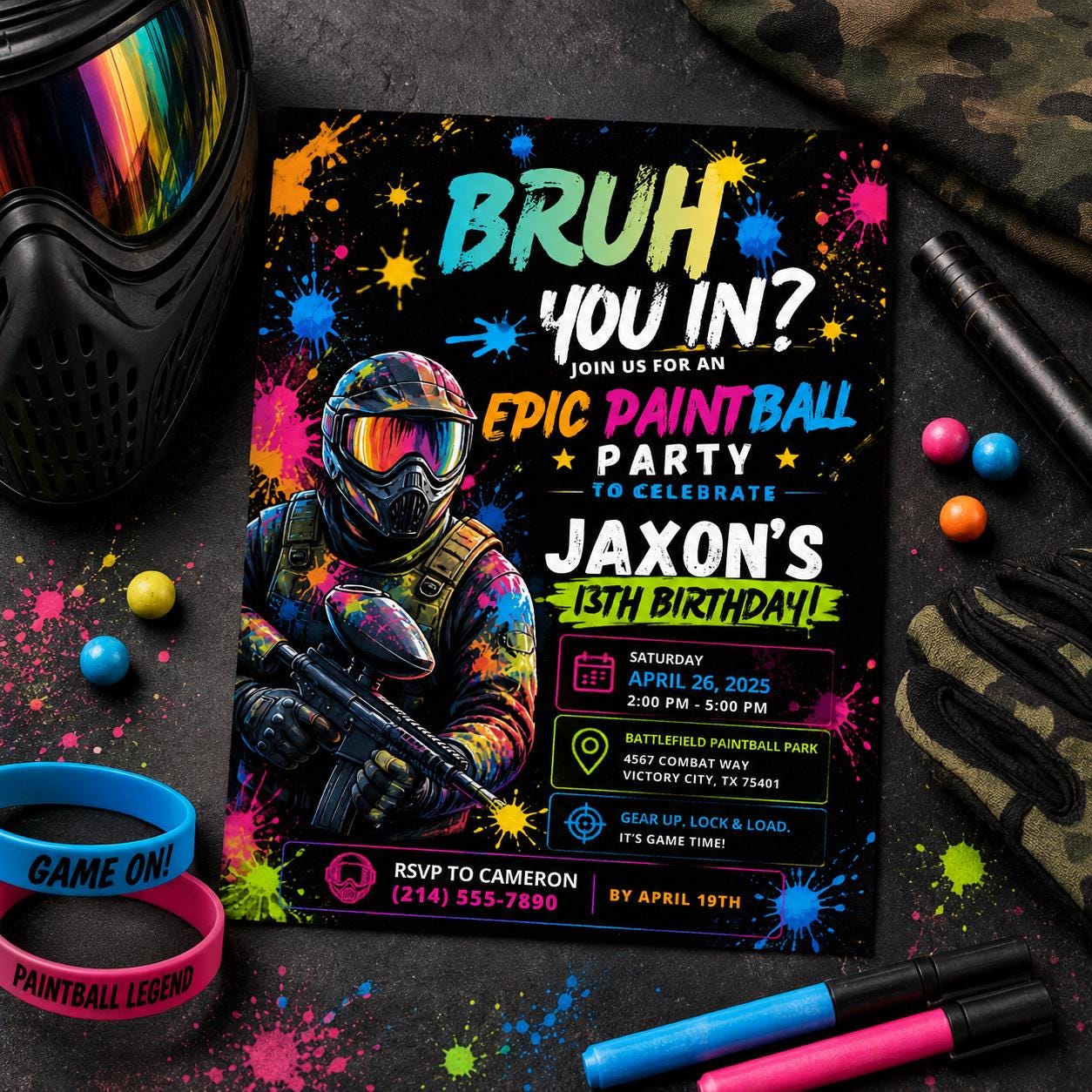 Editable Art Paint Birthday Invitation Canva Template, Boys Teens Cute Modern Fun Themed DIY Sweet Party Invite, Printable Digital Download.