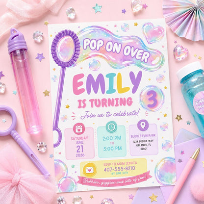 Editable Pastel Bubble Birthday Invitation Canva Template, Girls Kids Cute Fun DIY Sweet Chic Teen Party Invite, Printable Digital Download.
