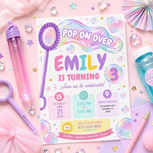 Editable Pastel Bubble Birthday Invitation Canva Template, Girls Kids Cute Fun DIY Sweet Chic Teen Party Invite, Printable Digital Download.