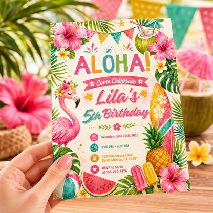 Editable Tropical Birthday Invitation Canva Template, Kids Summer Cute Modern Fun Themed DIY Sweet Party Invite, Printable Digital Download.