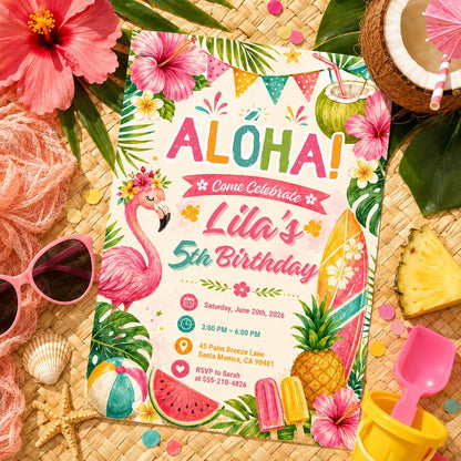 Editable Tropical Birthday Invitation Canva Template, Kids Summer Cute Modern Fun Themed DIY Sweet Party Invite, Printable Digital Download.