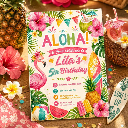 Editable Tropical Birthday Invitation Canva Template, Kids Summer Cute Modern Fun Themed DIY Sweet Party Invite, Printable Digital Download.