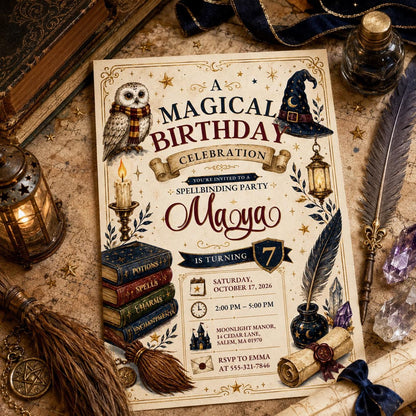 Editable Wizards Witches Birthday Invitation Canva Template, Cute Modern Fun Themed DIY Sweet Chic Party Invite, Printable Digital Download.