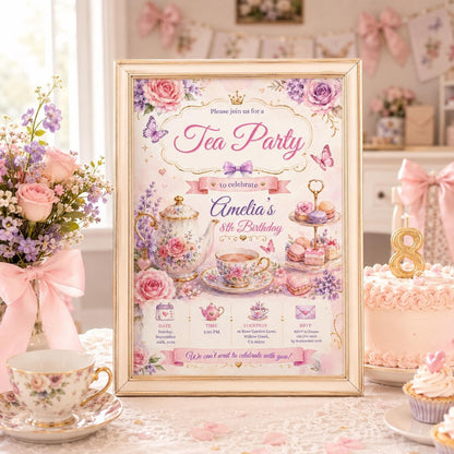 Editable Whimsical Tea Party Birthday Invitation Canva Template, Cute Floral Pink Gold High Tea Invite for Girls, Printable Digital Download