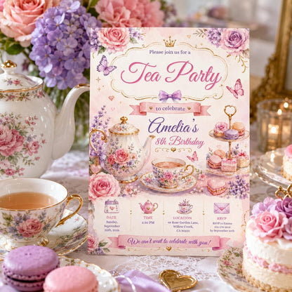 Editable Whimsical Tea Party Birthday Invitation Canva Template, Cute Floral Pink Gold High Tea Invite for Girls, Printable Digital Download
