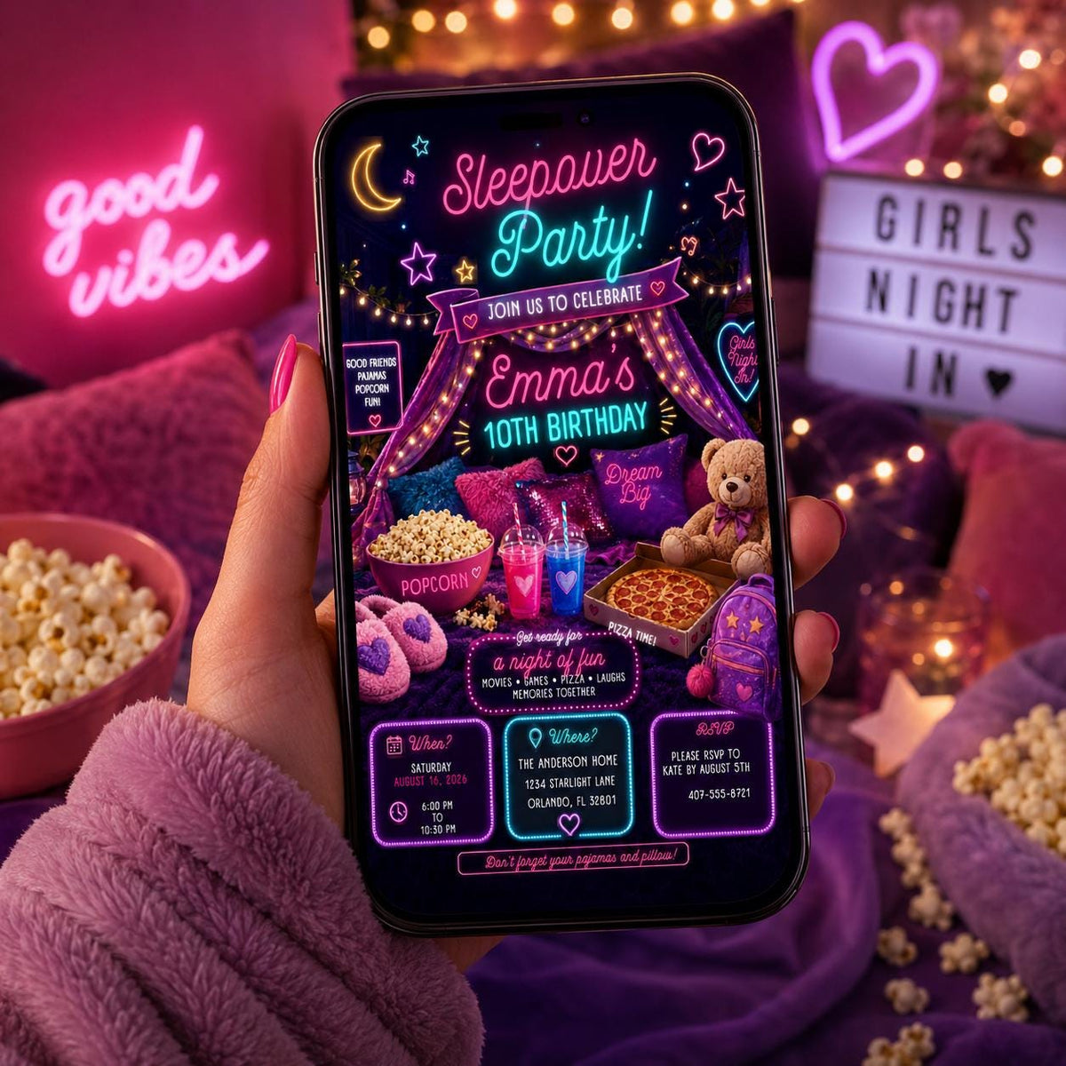 Editable Sleepover Birthday Invitation Canva Template, Girls Kids Teens Cute Modern Fun Themed DIY Party Invite, Printable Digital Download.