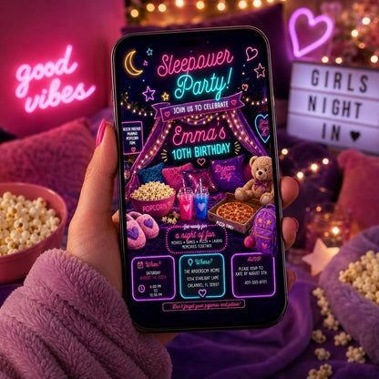 Editable Sleepover Birthday Invitation Canva Template, Girls Kids Teens Cute Modern Fun Themed DIY Party Invite, Printable Digital Download.