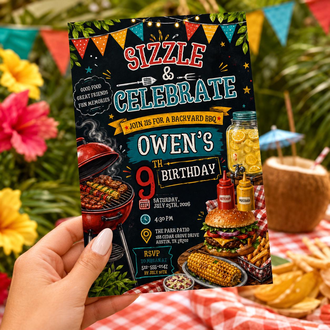 Editable Bbq Birthday Invitation Canva Template, Adult Cute Modern Fun Themed Custom DIY Chic Kids Party Invite, Printable Digital Download.