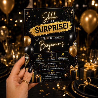 Editable Surprise 30th Birthday Invitation Canva Template, Adult Cute Fun DIY Sweet Chic Kids Teen Party Invite, Printable Digital Download.