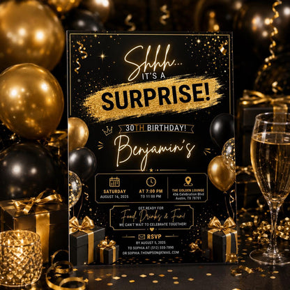 Editable Surprise 30th Birthday Invitation Canva Template, Adult Cute Fun DIY Sweet Chic Kids Teen Party Invite, Printable Digital Download.