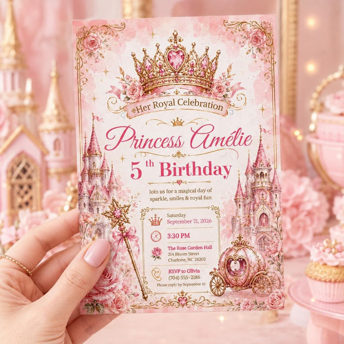 Editable Princess Birthday Invitation Canva Template, Magical Girls Kids Cute Modern Fun DIY Sweet Party Invite, Printable Digital Download.
