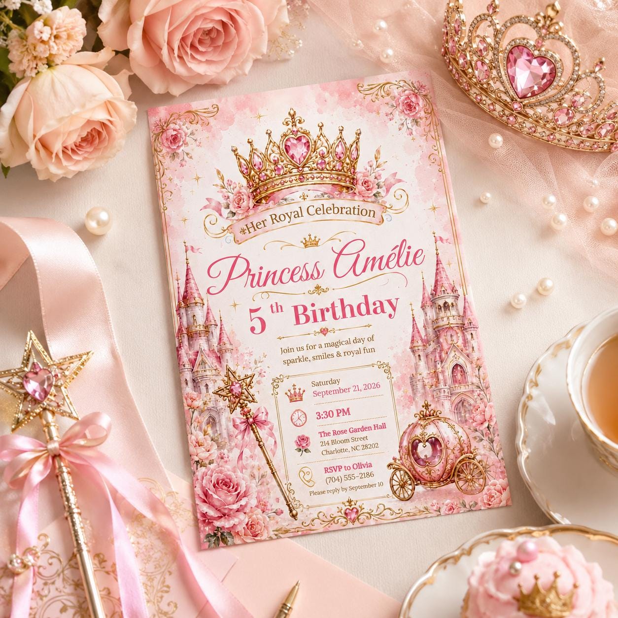 Editable Princess Birthday Invitation Canva Template, Magical Girls Kids Cute Modern Fun DIY Sweet Party Invite, Printable Digital Download.