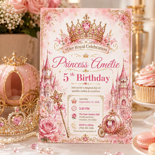 Editable Princess Birthday Invitation Canva Template, Magical Girls Kids Cute Modern Fun DIY Sweet Party Invite, Printable Digital Download.