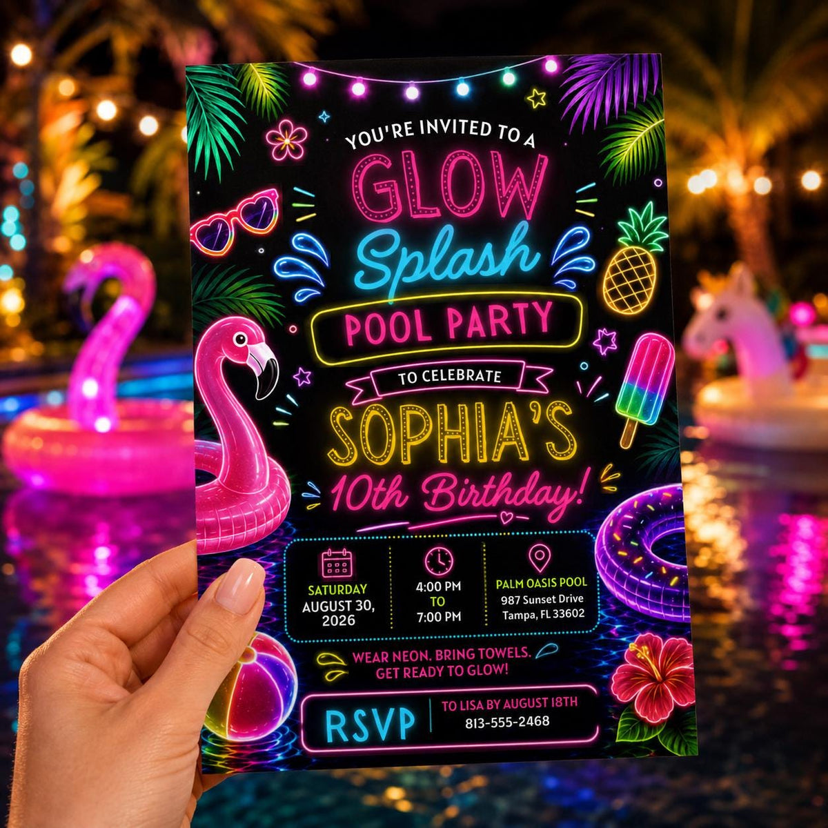 Editable Pool Birthday Invitation Canva Template, Neon Girls Pool Cute Modern Fun Themed DIY Sweet Party Invite, Printable Digital Download.
