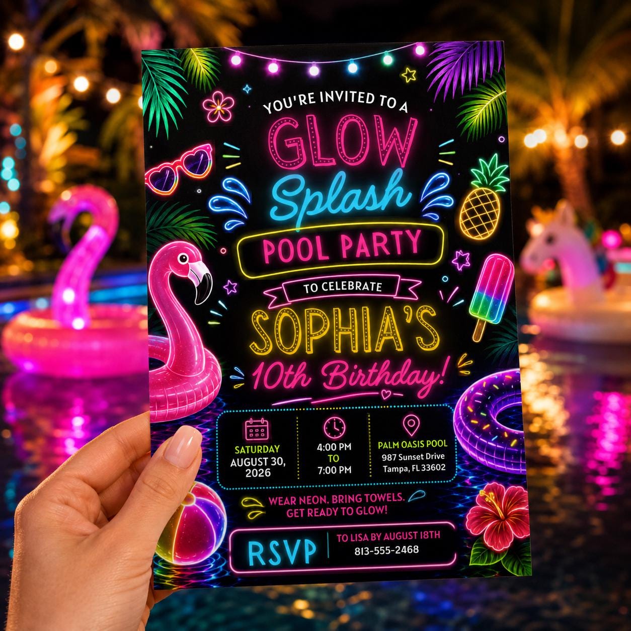 Editable Pool Birthday Invitation Canva Template, Neon Girls Pool Cute Modern Fun Themed DIY Sweet Party Invite, Printable Digital Download.