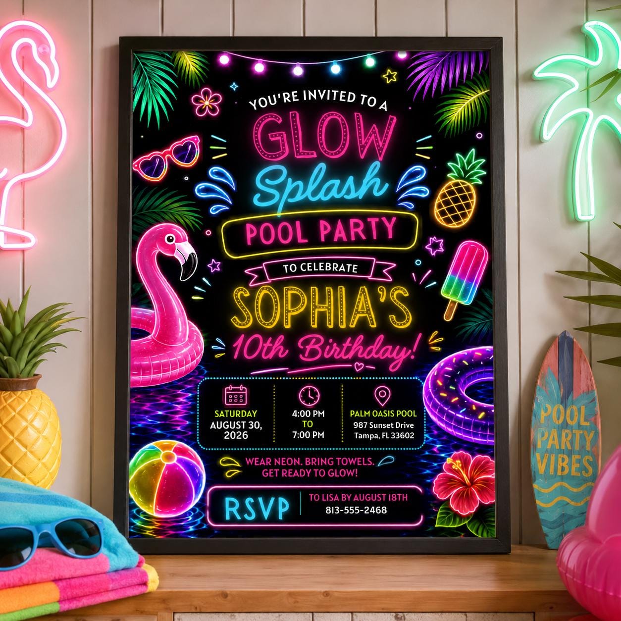 Editable Pool Birthday Invitation Canva Template, Neon Girls Pool Cute Modern Fun Themed DIY Sweet Party Invite, Printable Digital Download.
