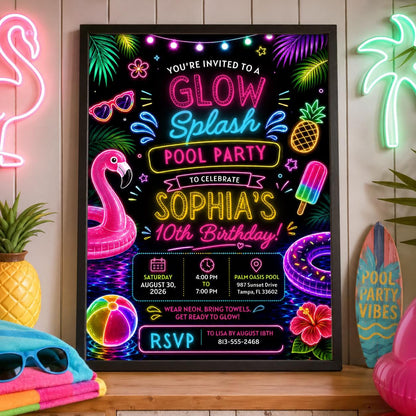 Editable Pool Birthday Invitation Canva Template, Neon Girls Pool Cute Modern Fun Themed DIY Sweet Party Invite, Printable Digital Download.