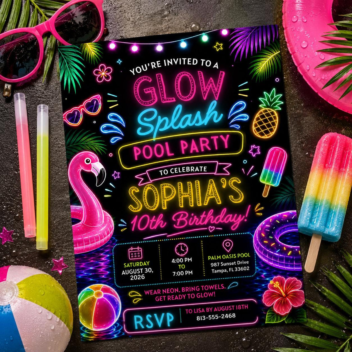 Editable Pool Birthday Invitation Canva Template, Neon Girls Pool Cute Modern Fun Themed DIY Sweet Party Invite, Printable Digital Download.