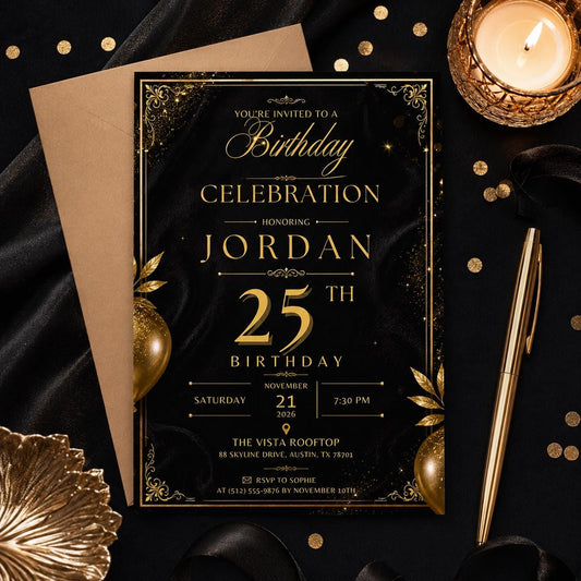 Editable Black Gold Birthday Invitation Canva Template, Modern Luxury Boys Cute Fun DIY Sweet Chic Party Invite, Printable Digital Download.