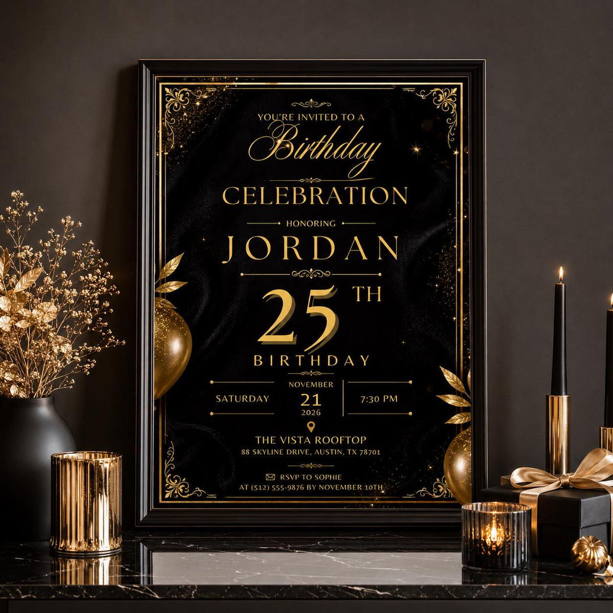 Editable Black Gold Birthday Invitation Canva Template, Modern Luxury Boys Cute Fun DIY Sweet Chic Party Invite, Printable Digital Download.