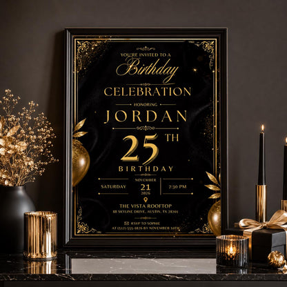 Editable Black Gold Birthday Invitation Canva Template, Modern Luxury Boys Cute Fun DIY Sweet Chic Party Invite, Printable Digital Download.