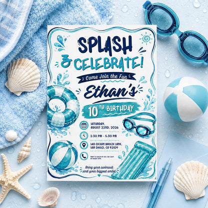 Editable Pool Birthday Invitation Canva Template, Boys Teens Pool Cute Modern Fun Themed DIY Sweet Party Invite, Printable Digital Download.