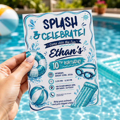 Editable Pool Birthday Invitation Canva Template, Boys Teens Pool Cute Modern Fun Themed DIY Sweet Party Invite, Printable Digital Download.