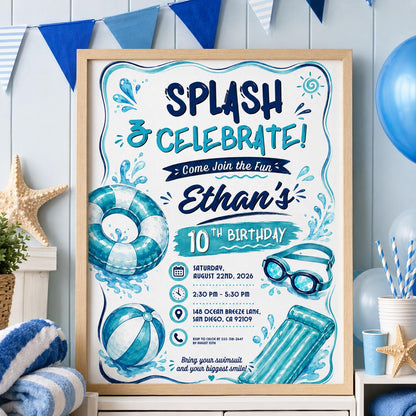Editable Pool Birthday Invitation Canva Template, Boys Teens Pool Cute Modern Fun Themed DIY Sweet Party Invite, Printable Digital Download.