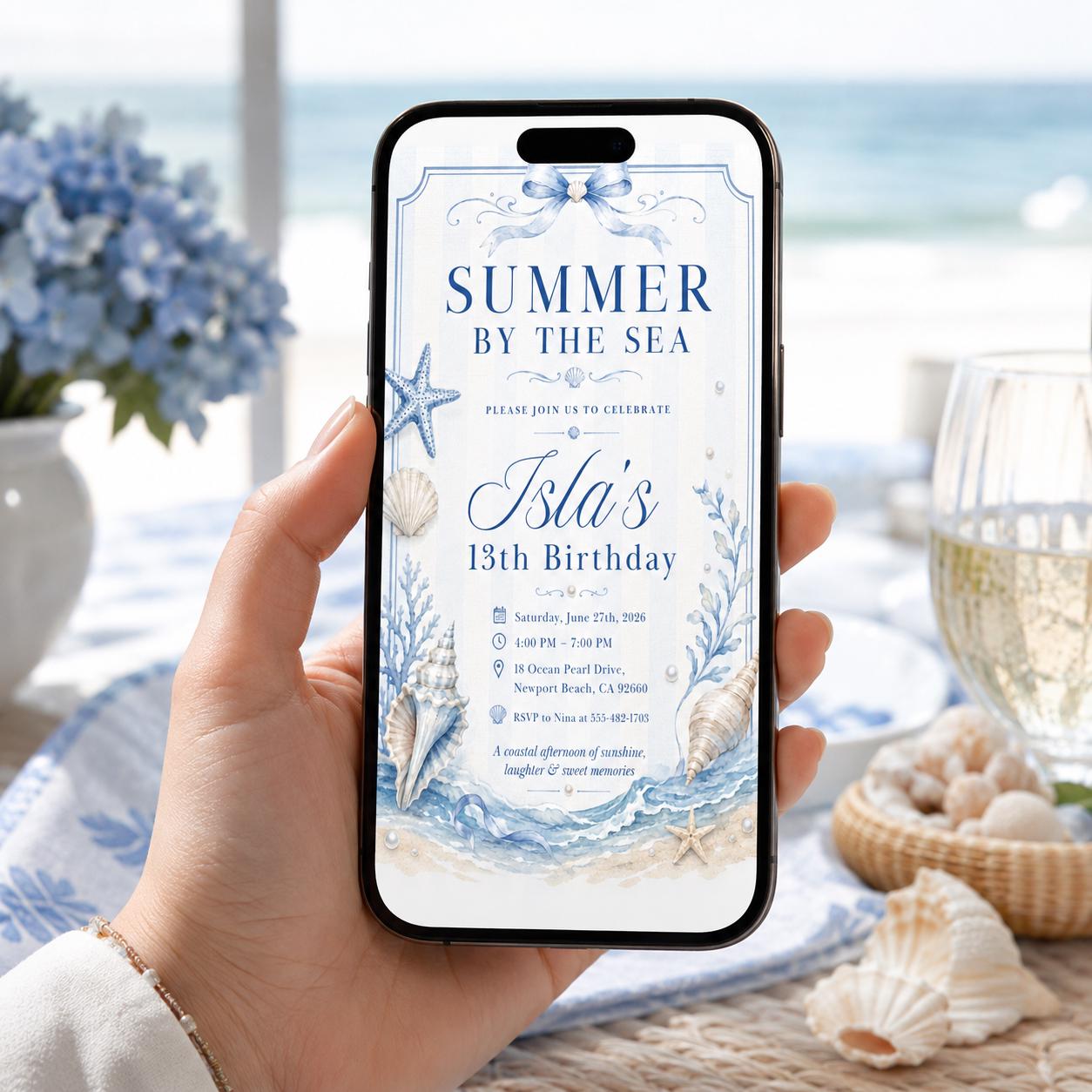 Editable Coastal Birthday Invitation Canva Template, Blue Girls Teens Beach Cute Fun DIY Chic Kids Party Invite, Printable Digital Download.