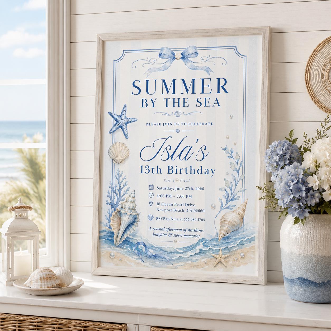Editable Coastal Birthday Invitation Canva Template, Blue Girls Teens Beach Cute Fun DIY Chic Kids Party Invite, Printable Digital Download.