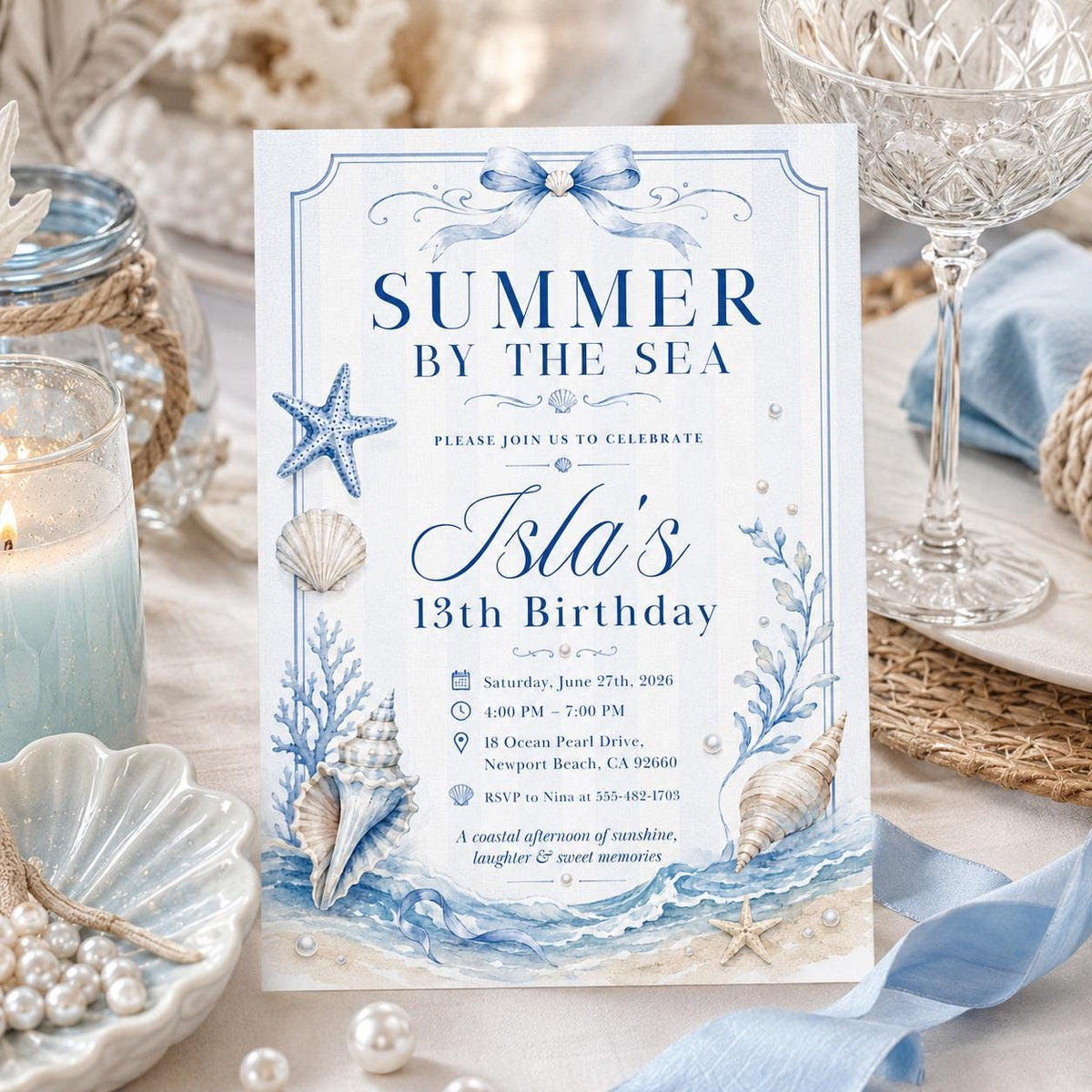 Editable Coastal Birthday Invitation Canva Template, Blue Girls Teens Beach Cute Fun DIY Chic Kids Party Invite, Printable Digital Download.
