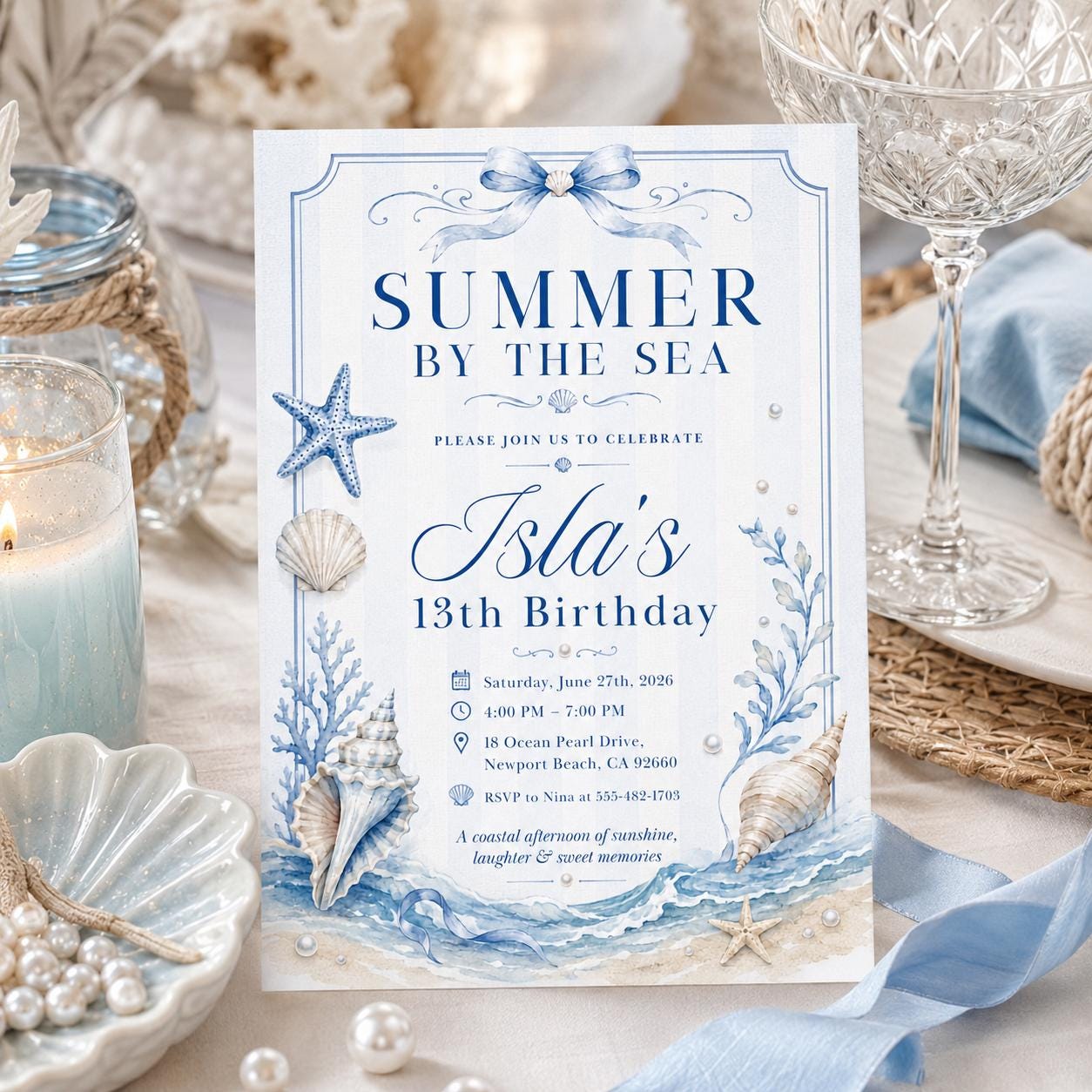 Editable Coastal Birthday Invitation Canva Template, Blue Girls Teens Beach Cute Fun DIY Chic Kids Party Invite, Printable Digital Download.