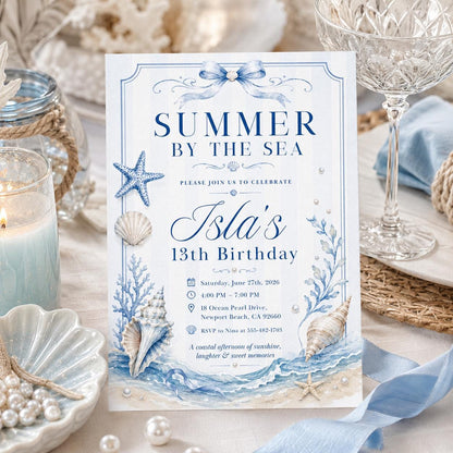 Editable Coastal Birthday Invitation Canva Template, Blue Girls Teens Beach Cute Fun DIY Chic Kids Party Invite, Printable Digital Download.