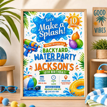 Editable Pool Birthday Invitation Canva Template, Boys Summer Cute Modern Fun Themed DIY Chic Kids Party Invite, Printable Digital Download.