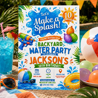 Editable Pool Birthday Invitation Canva Template, Boys Summer Cute Modern Fun Themed DIY Chic Kids Party Invite, Printable Digital Download.