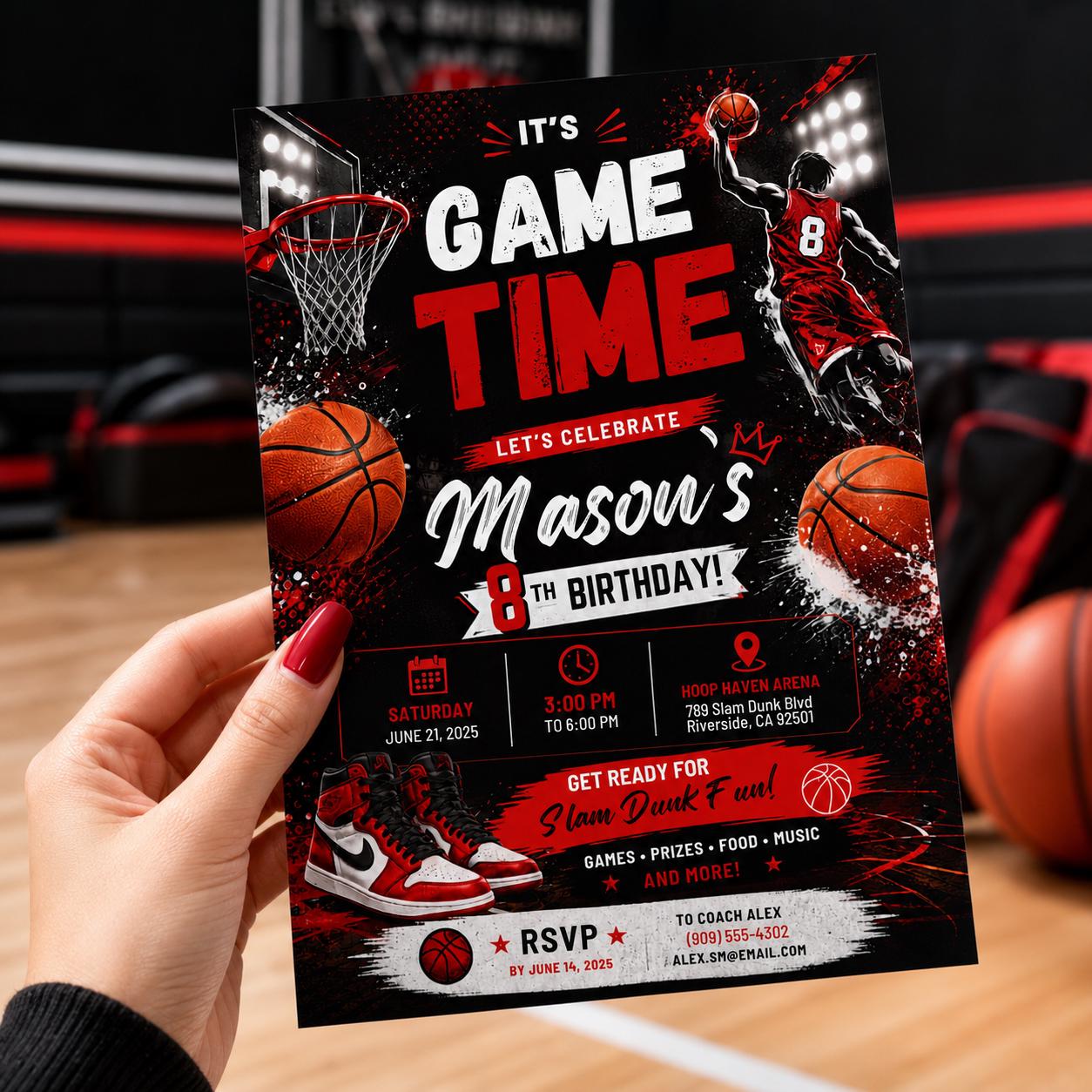 Editable Basketball Birthday Invitation Canva Template, Gold Black Luxury Sport Cute Fun DIY Sweet Party Invite, Printable Digital Download.