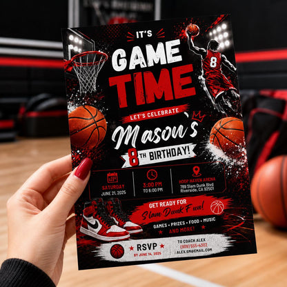 Editable Basketball Birthday Invitation Canva Template, Gold Black Luxury Sport Cute Fun DIY Sweet Party Invite, Printable Digital Download.