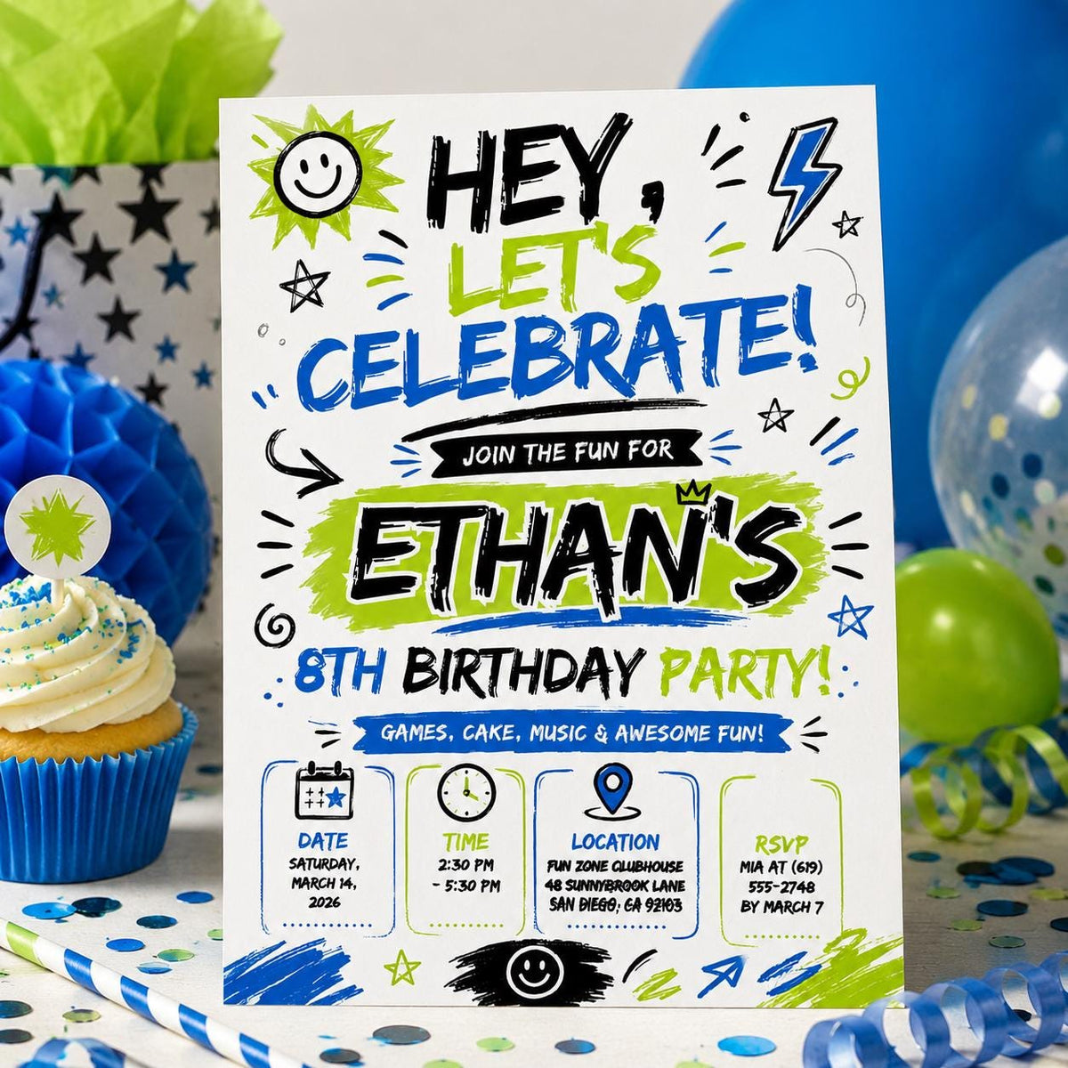 Editable Let Birthday Invitation Canva Template, Black White Boys Kids Cute Modern Fun Instant DIY Party Invite, Printable Digital Download.