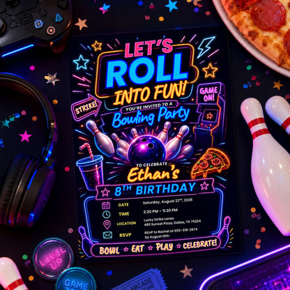 Editable Neon Glow Birthday Invitation Canva Template, Boys Teens Neon Cute Fun DIY Chic Kids Teen Party Invite, Printable Digital Download.