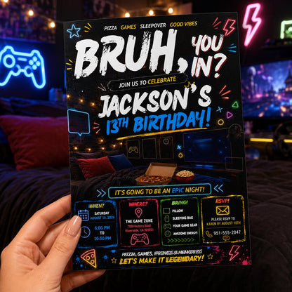 Editable Sleepover Game Night Invitation Canva Template, Boys Teens Cute Modern Fun Themed Custom DIY Sweet Chic Printable Digital Download.