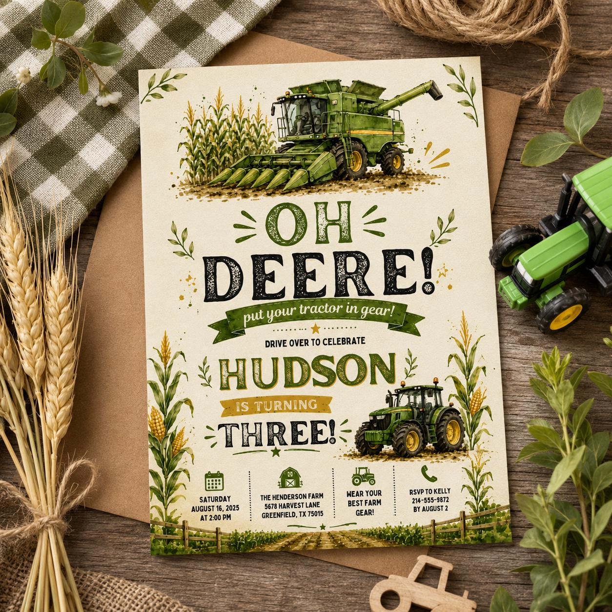 Editable Farm Animals Birthday Invitation Canva Template, Green Boys Kids Farm Cute Modern Fun DIY Party Invite, Printable Digital Download.