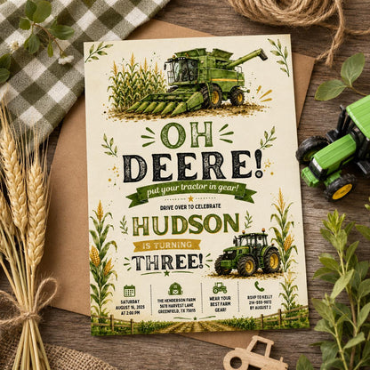 Editable Farm Animals Birthday Invitation Canva Template, Green Boys Kids Farm Cute Modern Fun DIY Party Invite, Printable Digital Download.